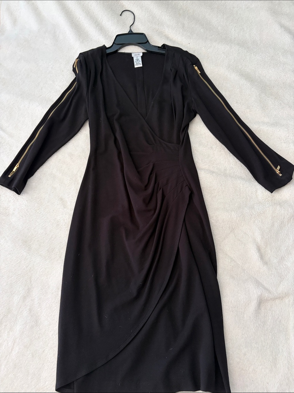 Cache Black Long Sleeve Midi Dress with Gold Zipper Accents